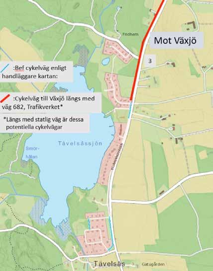 För Tävelsås finns följande behov av nya cykelvägar. För Tävelsås finns det ett behov av cykelväg till Växjö via väg 682. Väg 682 är hårt trafikerad och saknar vägren att cykla på.
