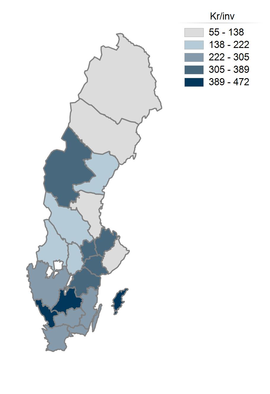 Kartan visar beviljat per invånare för varje från bidraget start till och med 2019-04-30 Län Invånare /invånare Blekinge 40 900 036 158 453 258 Dalarnas 40 531 878 284 531 142 Gotlands 27 384 391 58