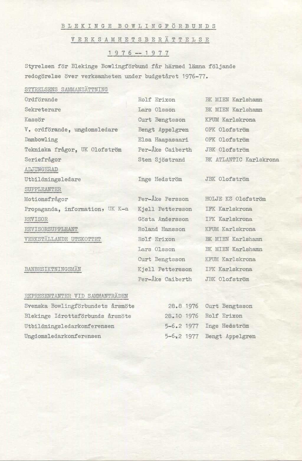 BLEKINGE BOWLINGFÖRBUNDS VERKSAMHETSBERÄTTELSE 1976 1977 Styrelsen för Blekinge Bowlingförbund får härmed lämna följande redogörelse över verksamheten under budgetåret 1976-77.