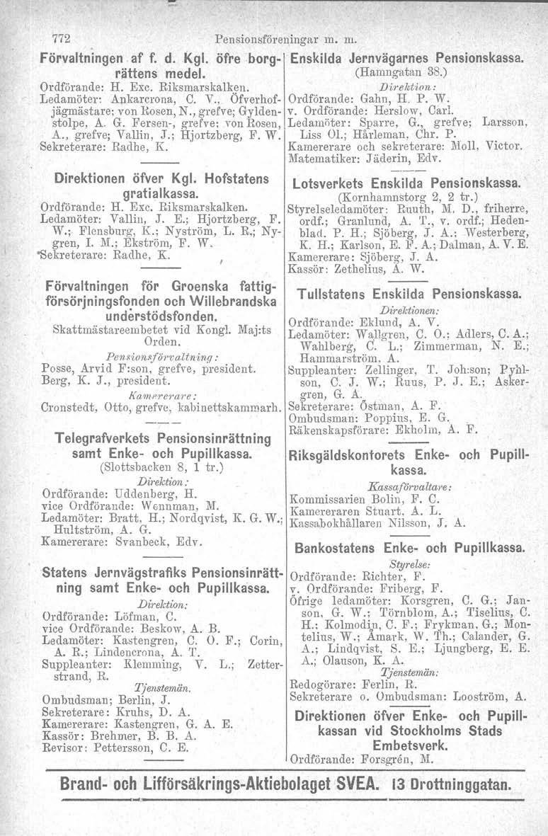 772 Pensionsföreningar m. m. Förvaltningen af f. d. Kg!. öfreborg- Enskilda Jernvägarnes Pensionskassa. rättens medel. (Hamngatan 38.) Ordförande: H. Exc. Riksmarskalken.