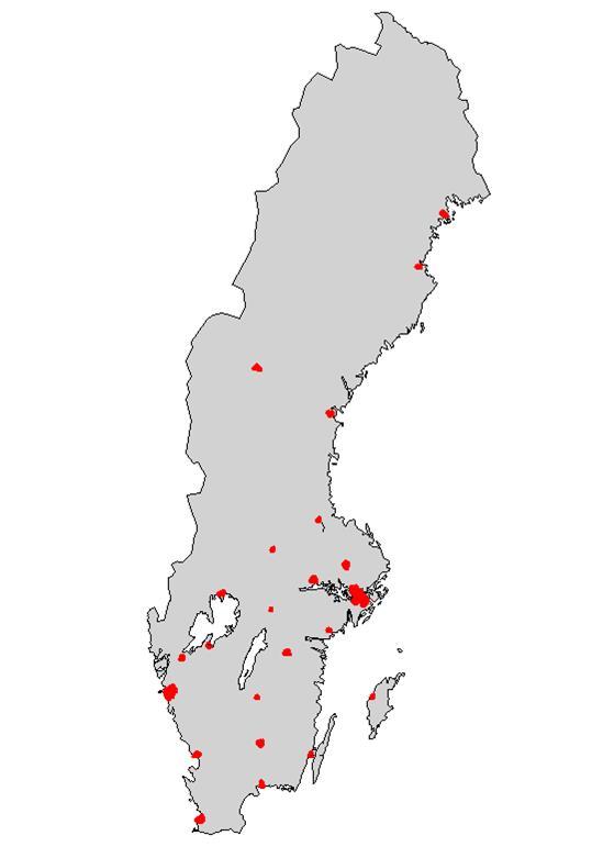 I Figur 1 redovisas den geografiska spridningen av mätorterna.