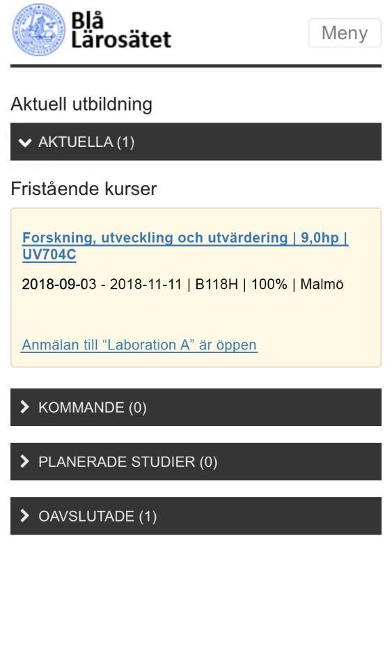 startsidan. Om dagens datum är inom anmälningsperioden på aktivitetstillfället finns en direktlänk till anmälan på studentens startsida.