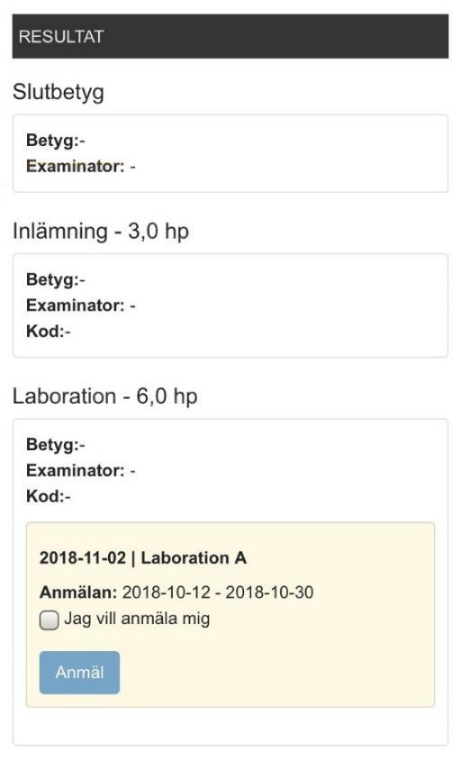 När studenten anmält sig ser hen det, informationen om anmälan och ev.