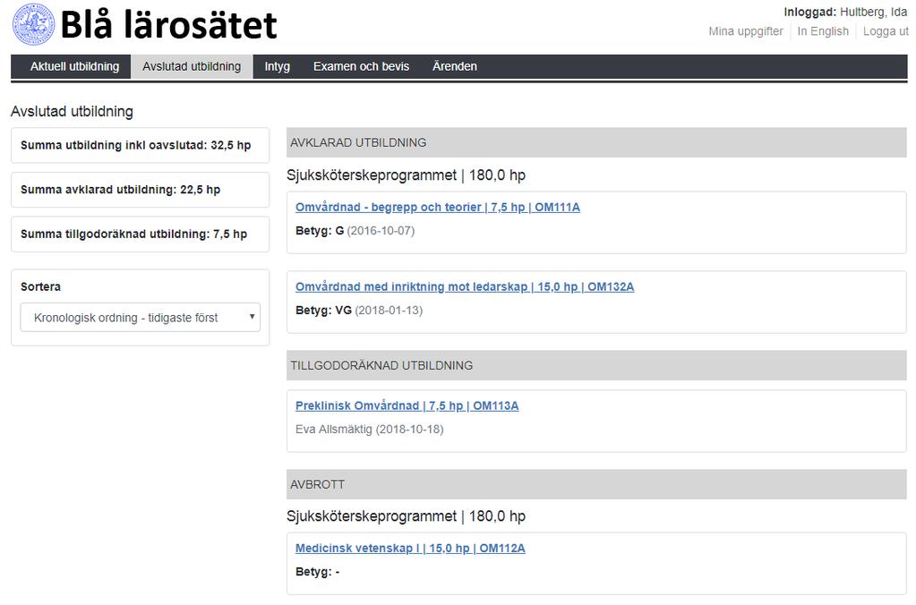 Avslutad utbildning Fliken Avslutad utbildning visar avklarade kurser, kurser med avbrott och tillgodoräknad utbildning.