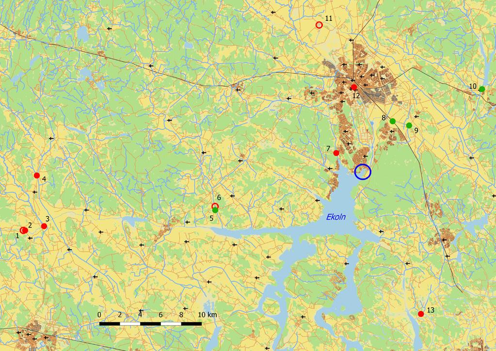 Figur 1. Kända aspleklokaler (fyllda punkter, röda och gröna) och lokaler i Uppsala län besökta 2018 (röda punkter och ringar).