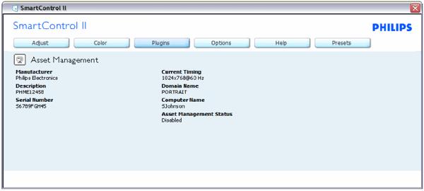 från rullgardinsmenyn Plug Ins. Visar tillåten Assent Management information om hantering, beskrivning, serienummer, nuvarande tidsinställning, domännamn och Assent Management status.