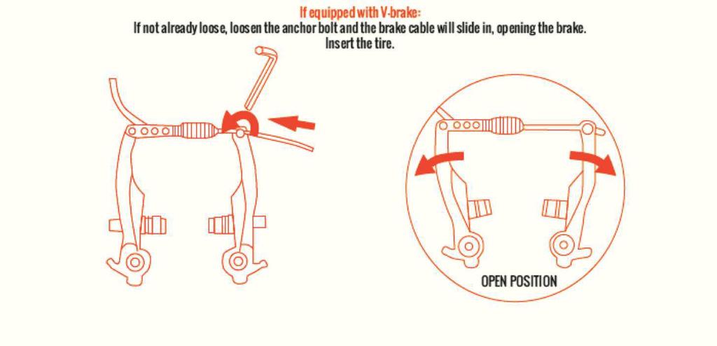 Step 2 - Open the brake Steg 2 - Öppna bromsen If equipped with V-brake; Loosen the anchor bolt and brake cable will