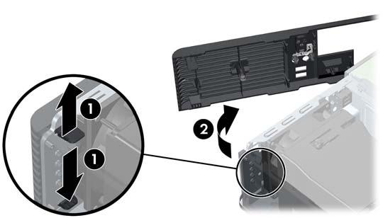 Ta bort frontpanelen 1. Ta bort/koppla bort alla säkerhetsanordningar som förhindrar att datorn öppnas. 2. Ta bort alla löstagbara media, såsom disketter eller cd-skivor, från datorn. 3.