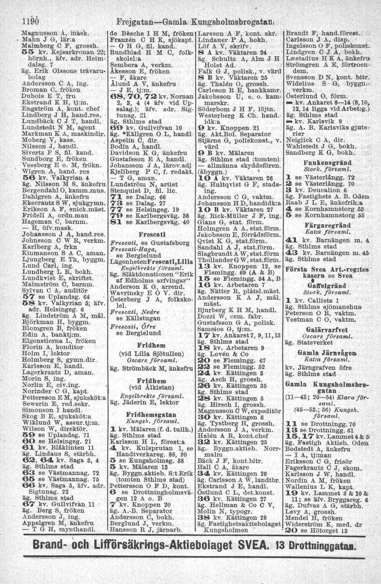 Magnusson l, llil>"k. Mahn J G, Il,r:a Malmberg C F, grossh. 55 kv. Kejsarkronan 22; hörnh., iifv. adr. Heimdalsg. 7 äg. Erik Olssons trävarubolag Andersson C A, ing. Broman C. fröken Dubois E T, fru.