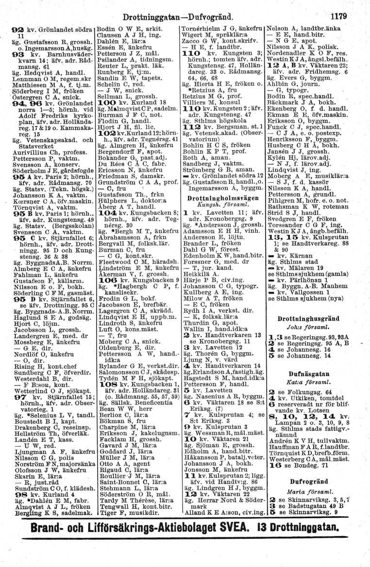 Drottninggatan -l?ufv.ogräncl. 1179 92 kv.' Grönlandet södra Bodin O W E, arkit. 'I'oruerhtelm J G, änkefru Nelson A, landtbr.änka 11 Clausen A J H, ing. Wigert M, språklär:a - E E, hand.bitr. ag.