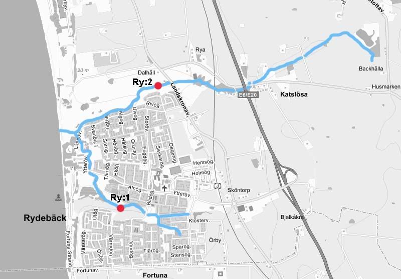 Figur 1. Elfiskelokaler i Rydebäcken undersökta 2014. Tabell 1. Värden på öringtäthet för elfiske i Skånska vattendrag, angivet som medelvärde (data från Elfiskeregistret, 2009).