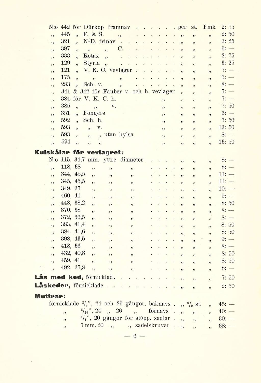 * 1 6 3; 25 7: N:o 442 för Diirkop framnav per st Fmk 2: 75 445 F &S 2: 321 ND frinav 8: 25 30 i O 333 Fotax 2 7o 129 Styria 121 V K C vevlager 17F, 7 j j> >) 233 Sch v 341 384 385 351 592 593 593