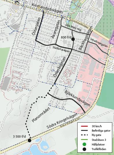 4 FÄLTSTUDIE 4.1 OMKRINGLIGGANDE GATUSTRUKTUR Från Kristianstadsvägen finns tre anslutningar som leder ner till Österåsgatan vilken i sin tur leder ned till det tänkta planområdet, se figur 2 nedan.