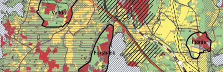 Utsnitt av Kungsbacka kommuns plankarta för grunddragen i bebyggelseutveckling och bevarande. Siffrorna i figuren hänvisar till beskrivningarna i text. I figuren visas ekoduktläge B och C. 2.