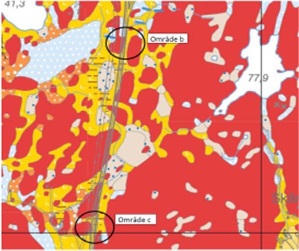 Läge C Även i läge C utgörs terrängen av fastmark med berg-i-dagen och mellanliggande jordfyllda svackor.