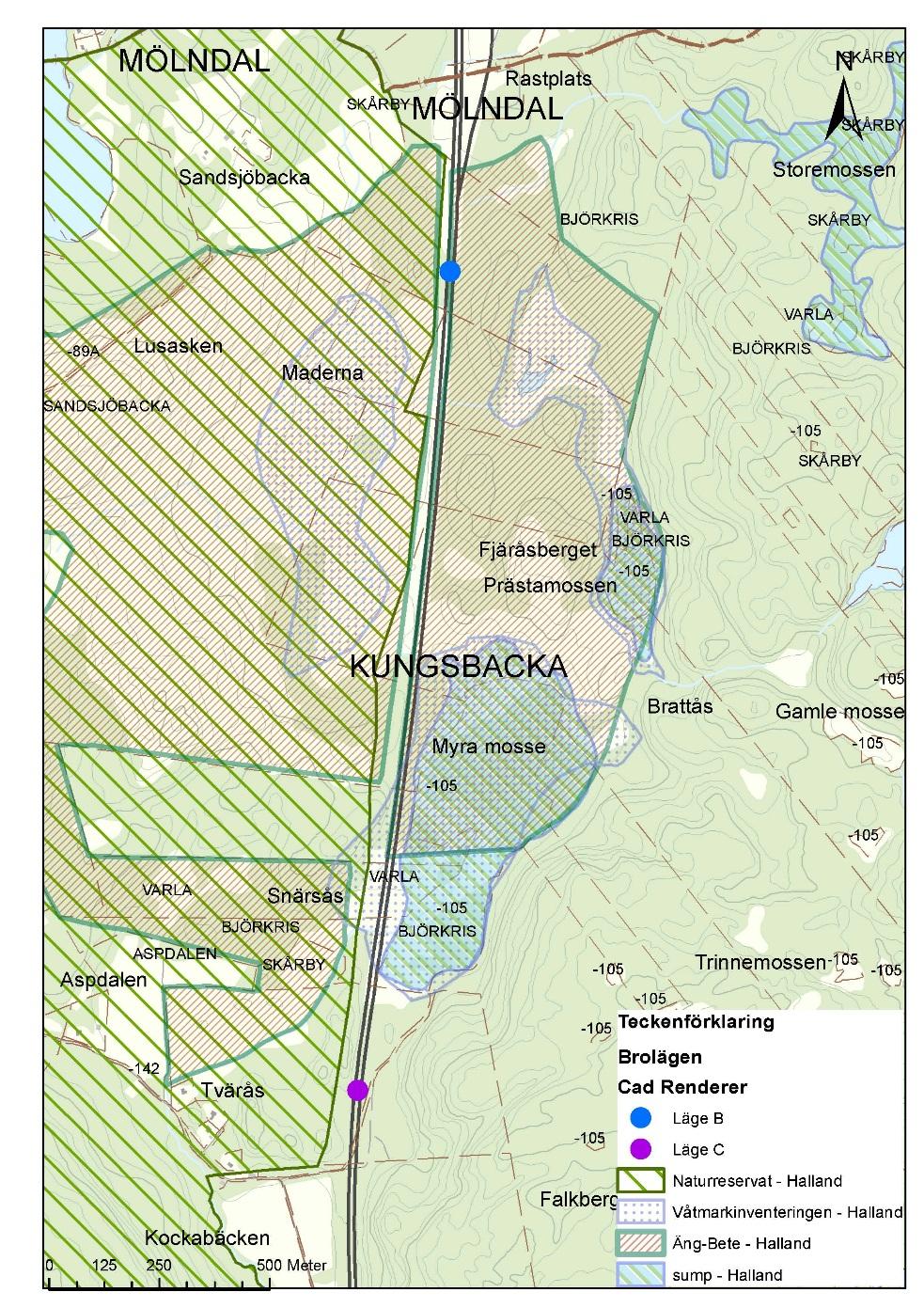 2.8 Formellt skyddad miljö Figur 14. Naturvärden vid de båda lägena för ekodukt. Sandsjöbacka naturreservat ligger på västra sidan om motorvägen och omfattar totalt 4700 ha.