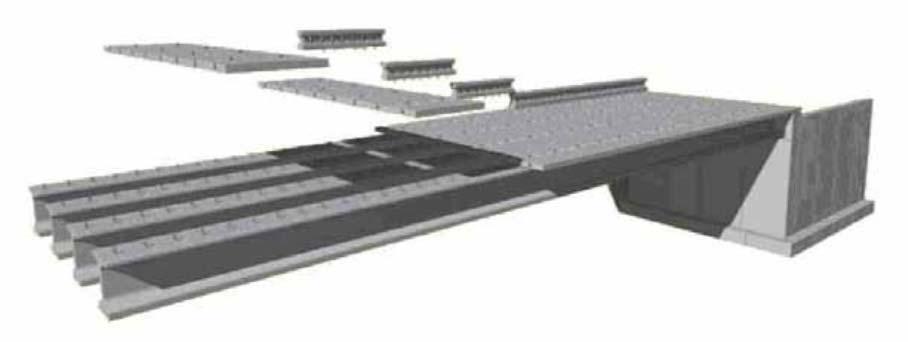 Figur 23. Exempel på en samverkansbro där bärande stålbalkar lanseras ut från stöden och prefabricerade betongelement monteras som brobana. 4.5 