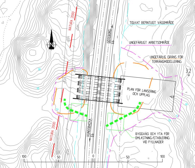 Skisser nedan visar samverkansbro och dess bedömda intrång för såväl permanent- som byggskedet i läge B