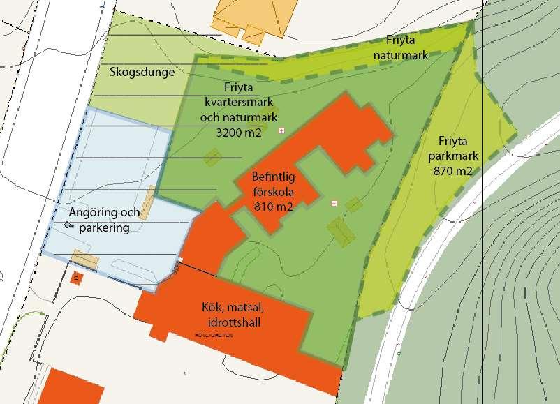 Eskilstuna kommun 2019-03-04 16 (51) Illustration: Fördelningen byggnadsyta och friyta vid förskolan Hattmakaren idag (skrafferade ytor = bullerutsatta områden över 50 db(a)) Planavdelningen