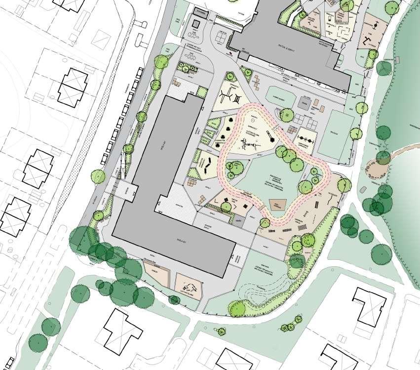 Eskilstuna kommun 2019-03-04 24 (51) Illustration: Situationsplan för nya Skogsängsskolan och möjlig gestaltning av skolgården Tyréns.