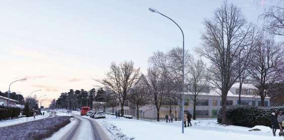 Eskilstuna kommun 2019-03-04 25 (51) Illustration: Visualisering av en möjlig utformning av nya Skogsängsskolan sett från Vasavägen mot förskolan Tyréns Friyta skola Kvartersmarken utökas på allmän