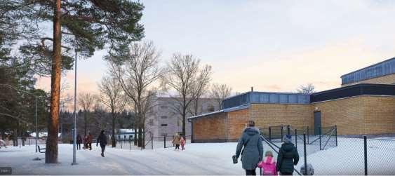 Eskilstuna kommun 2019-03-04 26 (51) Illustration: Visualisering av en möjlig utformning av nya Skogsängsskolan sett från GC-vägen Skogsänsslingan