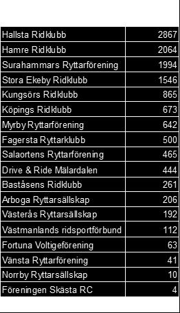 20 föreningar fick under 2018 nästan 1,1 Mkr i stöd till sin verksamhet. Ridklubbarnas verksamhet är till stor del uppbyggd av gruppaktiviteter.