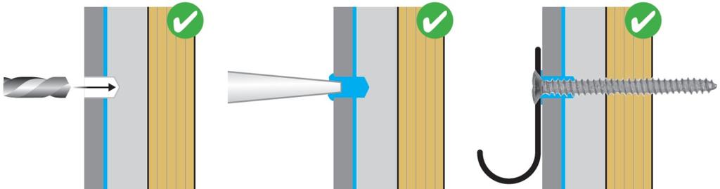 Husk at når du penetrerer en fuktsperre bør det anvendes riktig tetningsmasse. Fremgangsmåten for montering på vegg/gulv (borring av hull, bruk av festeplugger etc.