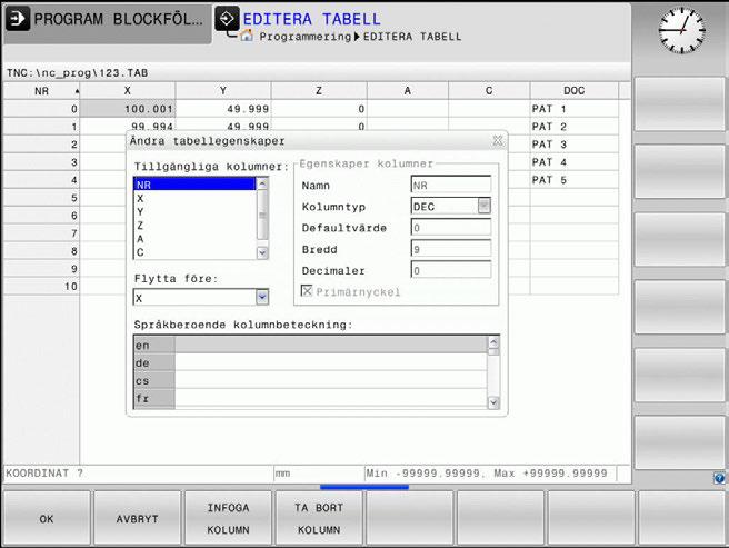 Specialfunktioner Fritt definierbara tabeller 10 Ändra tabellformat Gör på följande sätt: Tryck på softkey FORMAT EDITERA Styrsystemet öppnar ett fönster, i vilket tabellstrukturen presenteras.