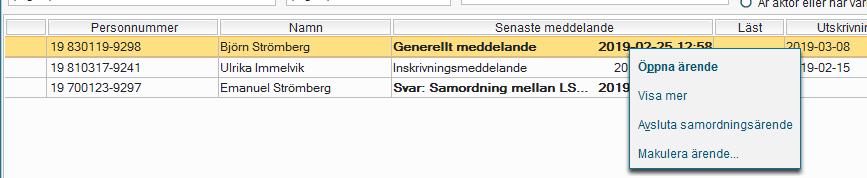 3.1 Personens ärende Personens ärende kan öppnas genom - knappen Öppna ärende - dubbelklicka på raden - högerklicka och välja Öppna ärende Personens ärende består av fyra flikar; Meddelanden, Planer,