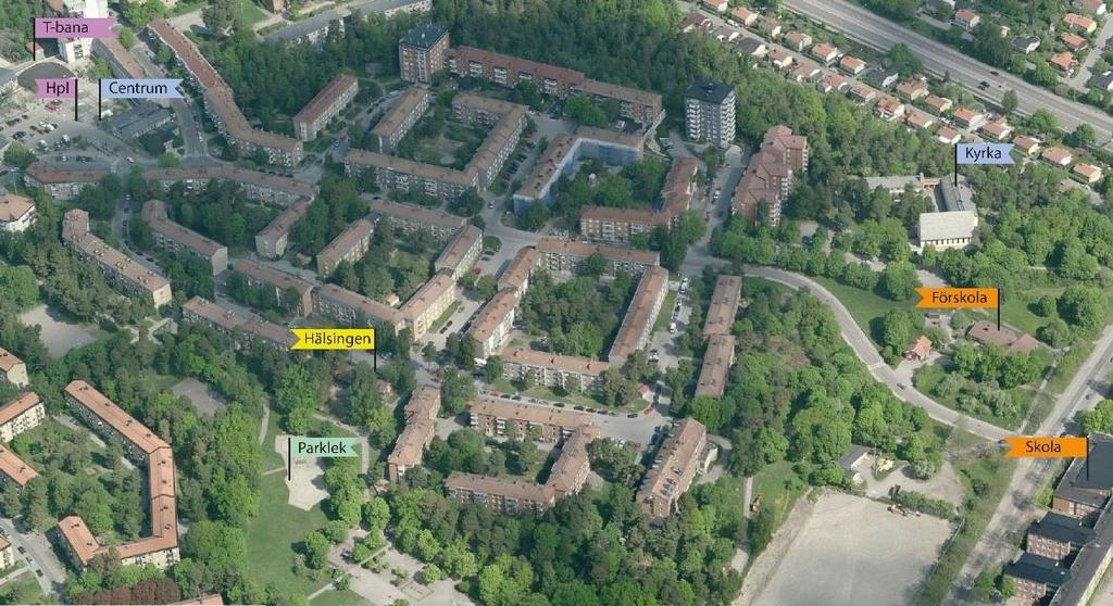 Målpunkter i området, Hälsingens förskola i gult. 4. Planförslag Den nya planen möjliggör för utökad förskoleverksamhet inom fastigheten Hälsingen 3.