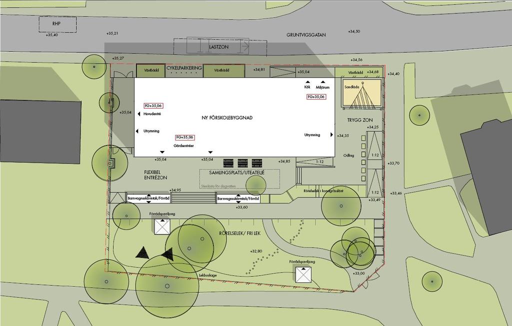 Situationsplan, Topia Landskapsarkitekter 2018-06-29 I och med att detaljplaneområdet är cirka 1500 m 2 och antalet beräknade barn är 90-100 kommer den maximala friytan per barn vara ca 16 m 2 utan