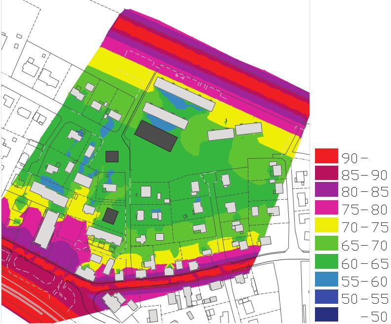 7(14) Kartan visar dygnsmaximal ljudnivå. Svarta byggnadskroppar representerar nya byggnader.