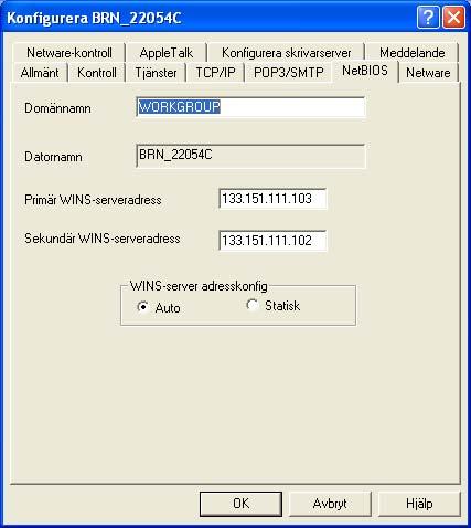 Nätverksutskrift från Windows : NetBIOS Peer-to-Peer-utskrift 6 Välj fliken NetBIOS. Ange ett namn för arbetsgruppen/domänen.