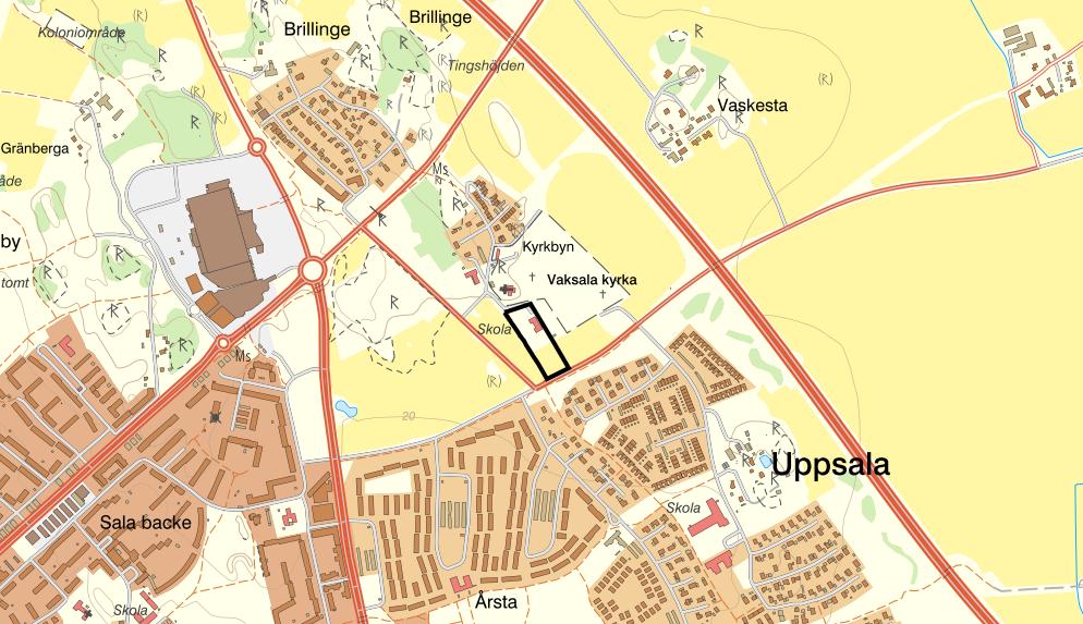 Orienteringskarta med planområdets läge markerat med svart linje. Stadsbild, landskapsbild Förutsättningar Området ligger i gränszonen mellan staden och slättlandskapet strax väster om väg E4.