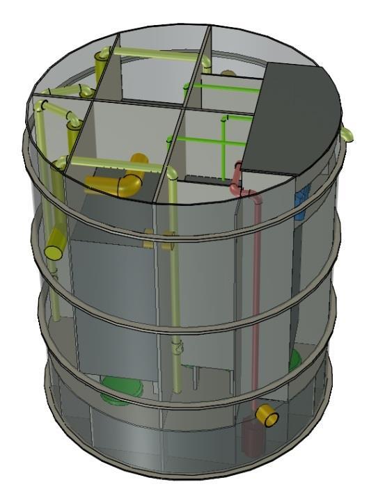 3 Slamavskiljare Slamavskiljaren skall vara CE-märkt och ha en våtvolym på minst 16m3 (8 hushåll) eller 20m3 (10 hushåll).