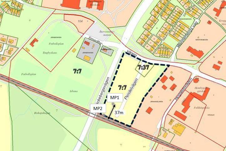 kallas i rapporten Mätpunkt 2 (MP2). I Figur 2 visas en karta över mätpunkternas placering i landskapet. I Figur 3 visas ett foto av mätlinjen. Figur 2 Mätpunkternas placering i landskapet.