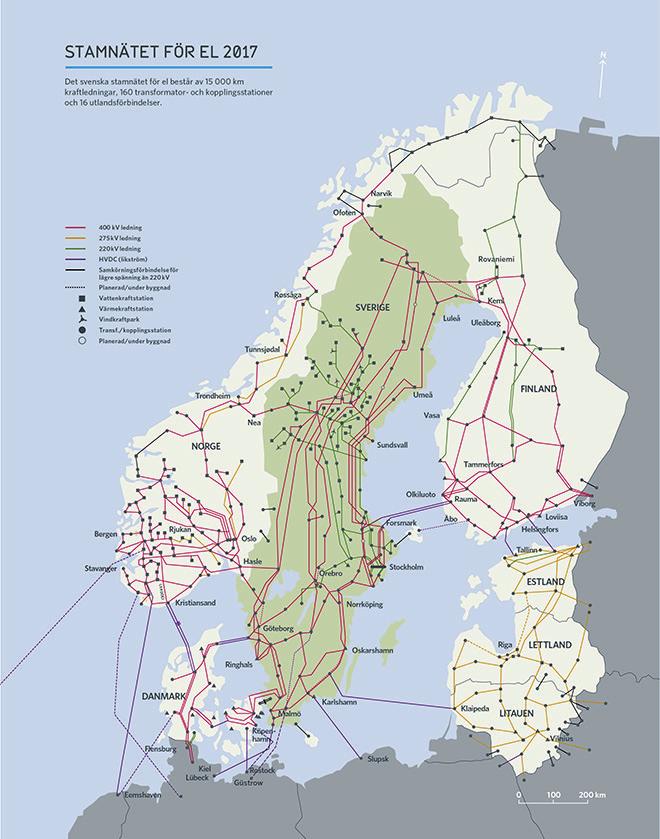 1.1 Elnätet Det svenska elnätet består av 56 900 mil ledning, varav ungefär 39 100 mil är jordkabel och 17 800 mil är luftledning. Elnätet kan delas in i tre nivåer: stamnät, regionnät och lokalnät.