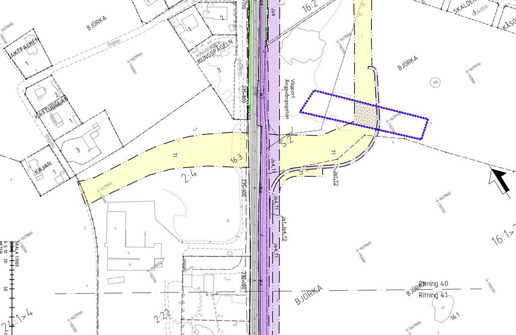 Figur 5. Plankarta över den planerade korsningen (Trafikverket, 2018). Den blå markeringen avser en biotopskyddad stenmur.