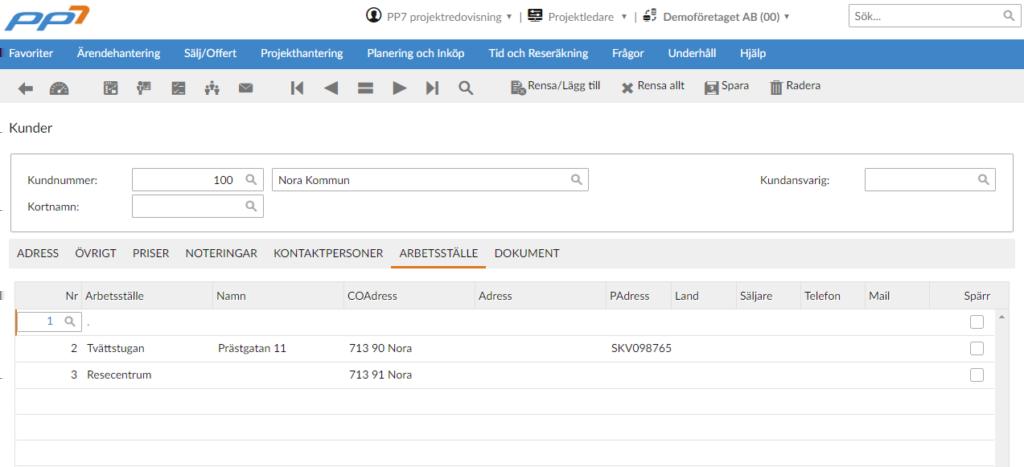 Kunder 7 ARBETSSTÄLLE Innehåller uppgifter om