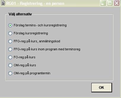 2013-09-13 7 (16) Personliga preferenser (personliga inställningar) Visa förslag till OM-reg på kurs Styrningen berör delfunktionerna RG01_B och RG01_C (registrera enligt förslag) och hanterar om