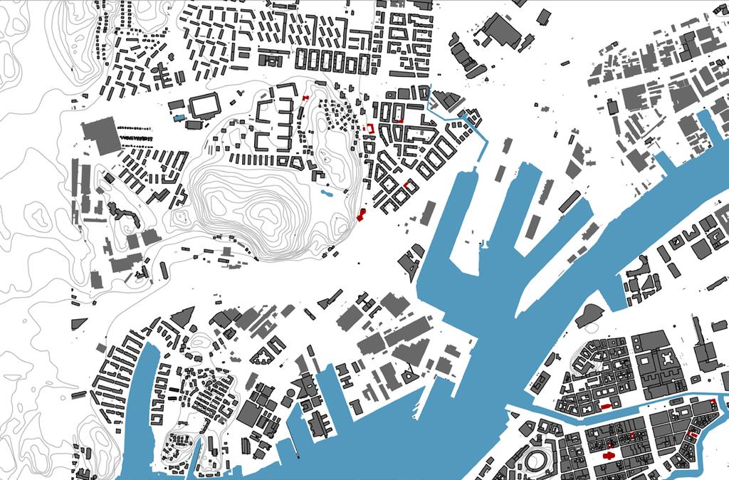 BEBYGGELSESTRUKTUR Historia Göta älv var bredare förr men med en smal öppning samt fästning mot dansken. 1874 fanns en bro och färja vid GBG Operan. Östra hamngatan fortsatte över älven.