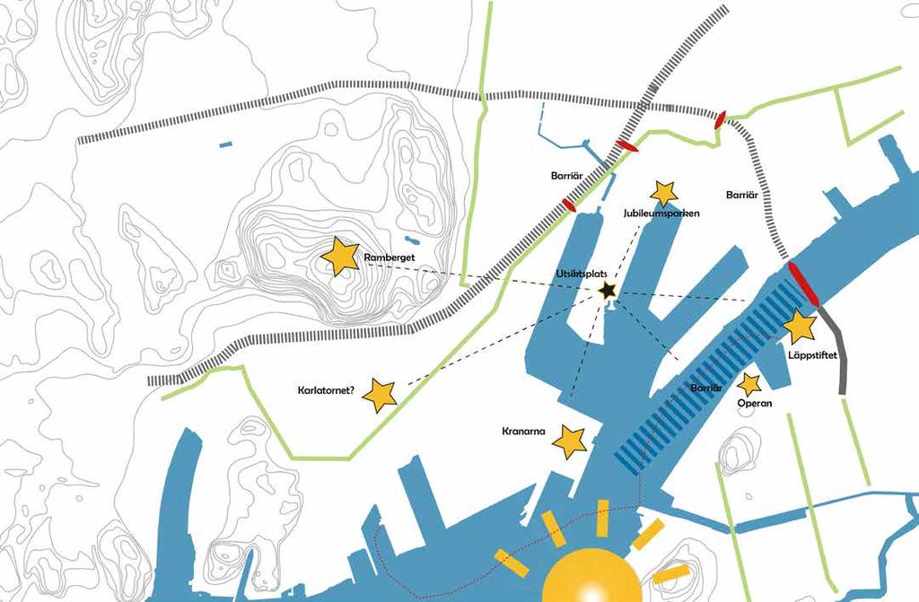 ÖVRIGA STRUKTURER Landmärken skulle kunna vara läppstiftet, broarna, kranarna, det kommande Karlatornet och Ramberget Jubileumsparken har fått ett kulturvärde och bra rykte.