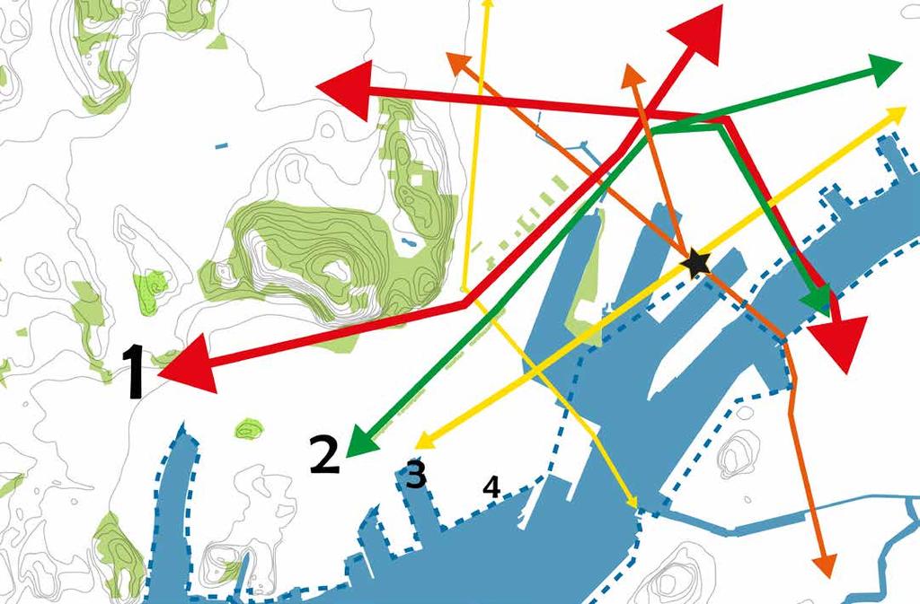 ANALYS KOPPLINGAR Väghierarki som kopplar öst-väst och norr-syd i olika hastigheter, från trafikled till gågata. Stjärnan indikerar ett högst potentiellt centrum där flest vägar möts.