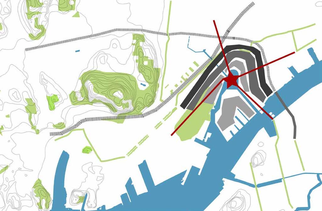 ZONER ZON1: Sluten zon mot bullrig trafikled. Troligtvis högre byggnader (speciellt mot norr). P-hus, kontor, verksamheter, hotell och slutna bostadskvarter med genomgångslägenheter/tyst sida.