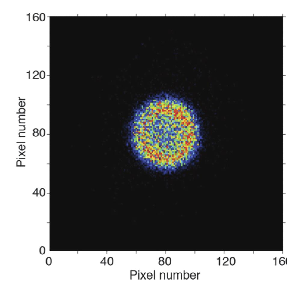 3. Results Figure 3.10: Left panel: Velocity map image ofi + fragments recorded in coincidence with I4d 5/2 photoelectrons, at 110 ev photon energy. Right panel: radial intensity distribution.