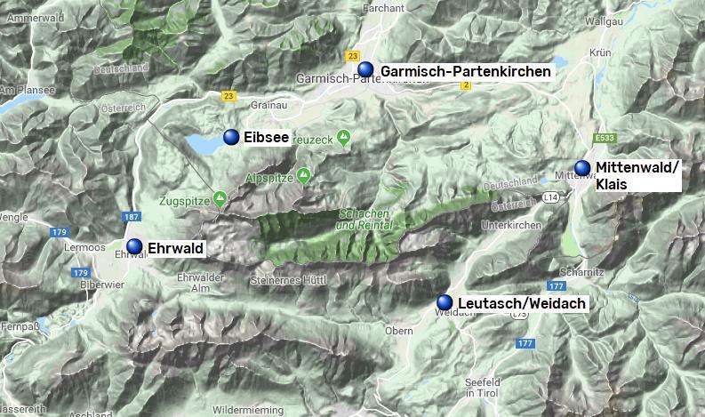 Runt Zugspitze, 6 nätter 6(6) Från Garmisch-Partenkirchen till Leutasch Vandringen sträcker sig från Garmisch-Partenkirchen i Tyskland till Leutasch i Österrike och tillbaka igen via Ehrwald.