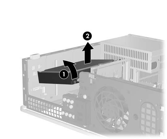 13. Tryck ned spärren till vänster om hårddisken (1), skjut hårddisken bakåt så långt det går och lyft den sedan rakt upp (2). Bild 2-35 Frigöra hårddisken 14.