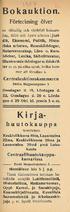 Bokauktion. Kirjahuutokauppa. Förteckning öfver. Centralauktionskammaren. Centraalihuutokauppakama