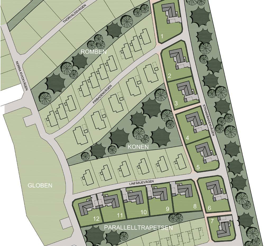Situationsplan KV STRANDSKOGEN 1-plansvilla Hus 1-12 Boarea ca 119 kvm Husnr: Tomtstorlek ca: 1 1094 kvm 2 966 kvm 3 801 kvm 4 900 kvm 5 879 kvm 6 962 kvm 7 661 kvm 8 826 kvm
